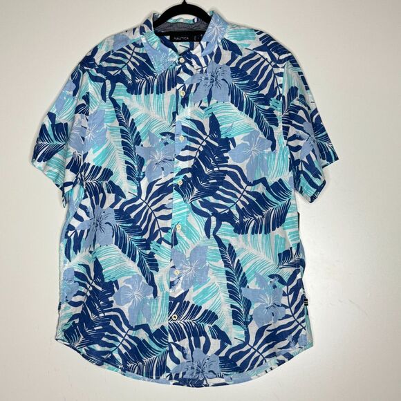 New Nautica Classic Fit Linen Cotton Palm Button Down Shirt Men's Size Large - Picture 1 of 8